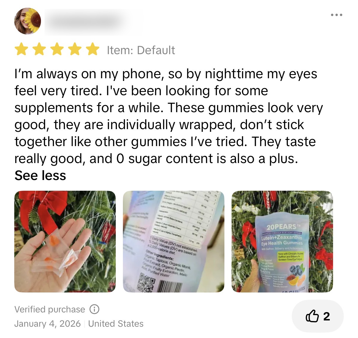 Five-star Eye Health review about taste, individual wrapping and sugar content; reviewer name blurred