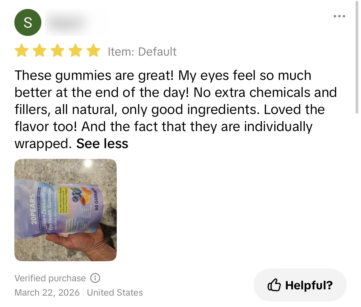 Five-star Eye Health customer review with a pouch photo; reviewer name blurred
