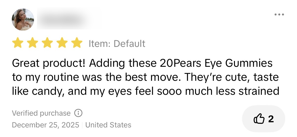 Five-star Eye Health review about adding the gummies to a daily routine; reviewer name blurred