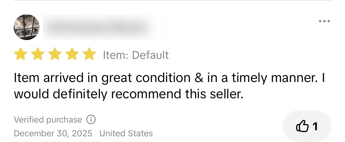 Five-star review about order condition and timely delivery; reviewer name blurred